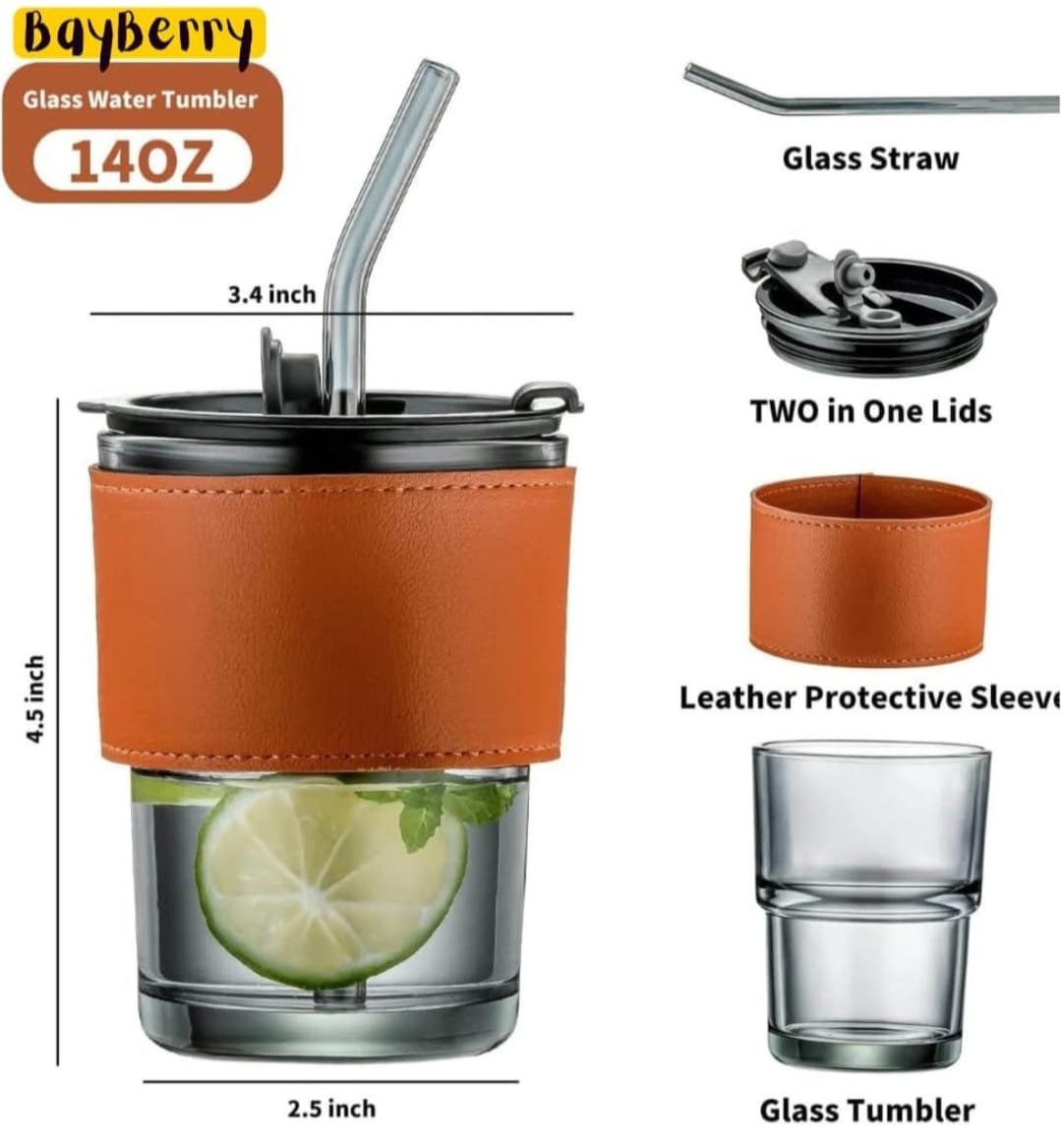 Bayberry Glass Tumbler with Glass straw and Lid | 435 ml - Image 3