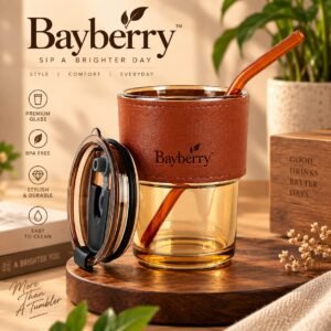 Bayberry Glass Tumbler with Glass straw and Lid | 435 ml